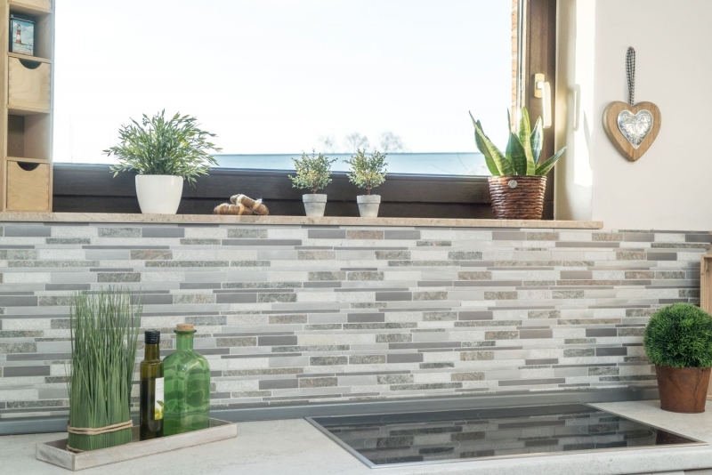 Piastrella a mosaico quarzite pietra naturale alluminio grigio argento beige chiaro striscia composita piastrella backsplash muro - MOS49-XSA535