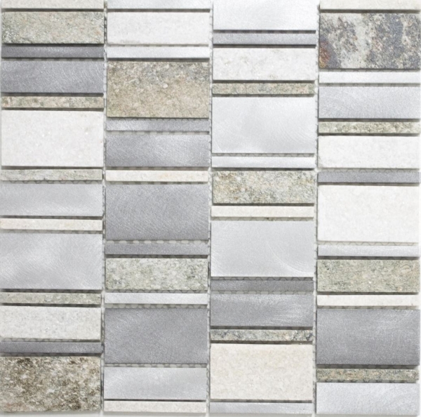 Piastrella di mosaico dipinta a mano quarzite pietra naturale alluminio grigio argento beige chiaro rettangolo MOS49-505_m