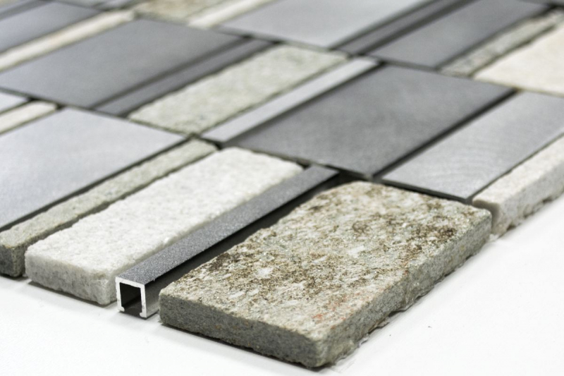 Piastrella di mosaico dipinta a mano quarzite pietra naturale alluminio grigio argento beige chiaro rettangolo MOS49-505_m