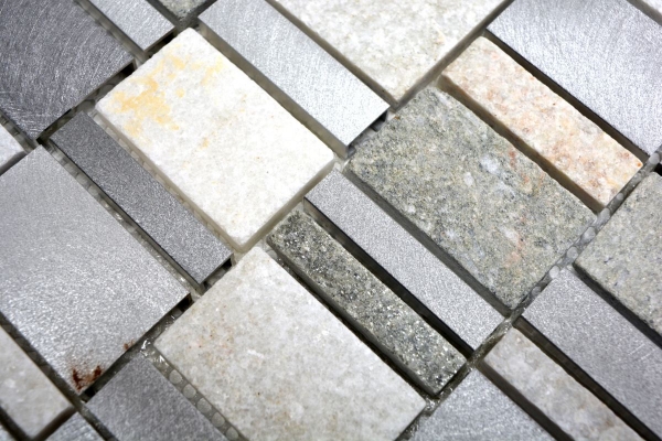 Piastrella di mosaico dipinta a mano quarzite pietra naturale alluminio grigio argento beige chiaro rettangolo MOS49-515_m