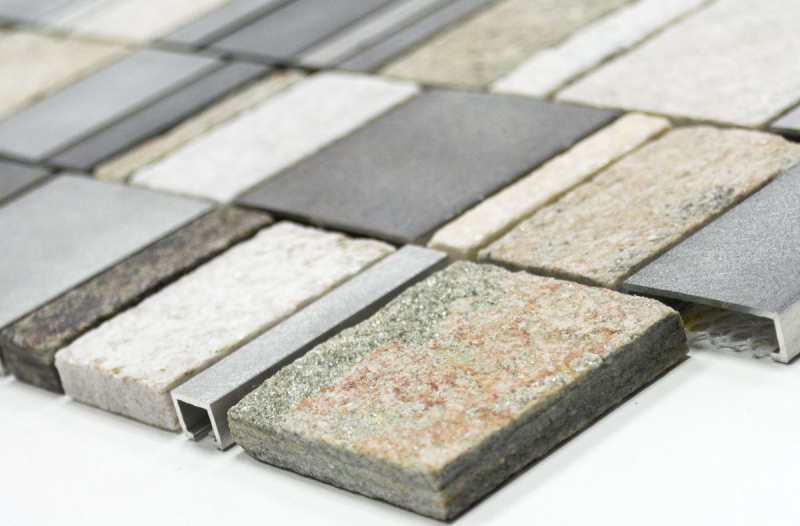 Piastrella di mosaico dipinta a mano quarzite pietra naturale alluminio grigio argento beige chiaro rettangolo MOS49-515_m