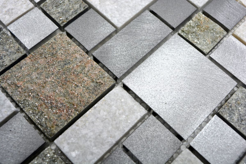 Piastrella a mosaico quarzite pietra naturale alluminio grigio argento beige chiaro combinazione MOS49-525