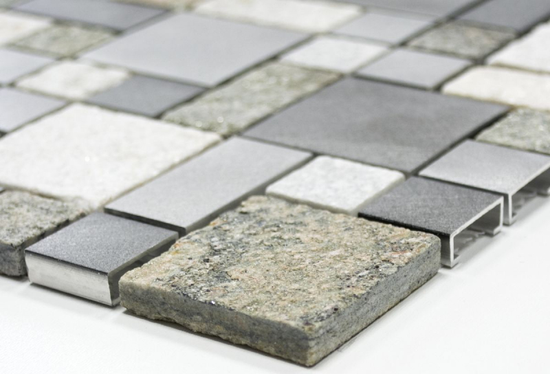 Piastrella a mosaico quarzite pietra naturale alluminio grigio argento beige chiaro combinazione MOS49-525