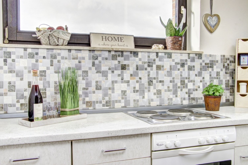 Piastrella a mosaico quarzite pietra naturale alluminio grigio argento beige chiaro combinazione MOS49-525