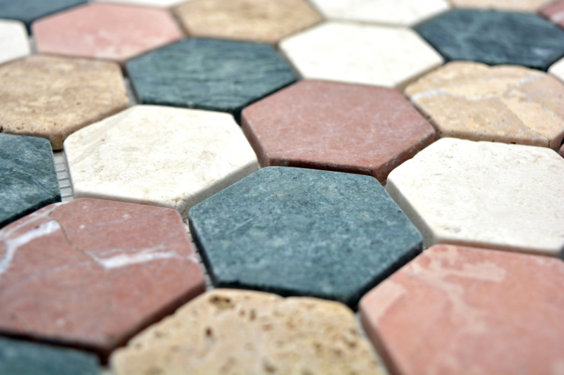 Piastrella di marmo a mosaico in pietra naturale crema beige rosso verde esagono casuale - MOS42-1213