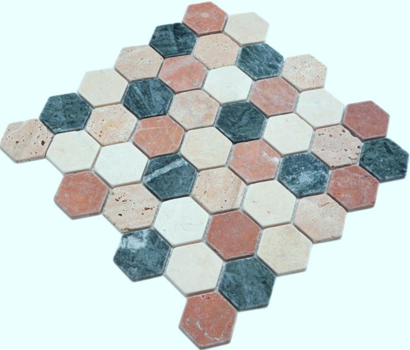 Piastrella di marmo a mosaico in pietra naturale crema beige rosso verde esagono casuale - MOS42-1213