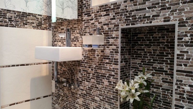 Mosaico marmo pietra naturale mattone composito aste Impala marrone scuro fiammato rivestimento parete cucina bagno - MOS40-1304