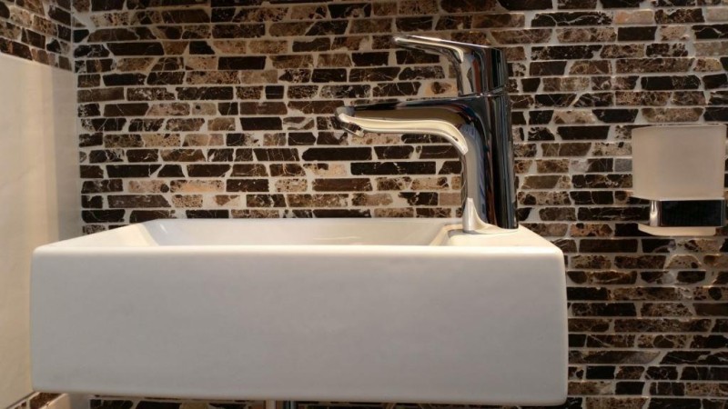 Mosaico di marmo pietra naturale beige marrone scuro Brick Castanao composito piastrella da parete bagno - MOS40-0185