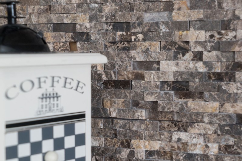Muro di marmo a mosaico pietra naturale pietra marrone scuro muro di mattoni legame 3D look cucina bagno - MOS40-3D76