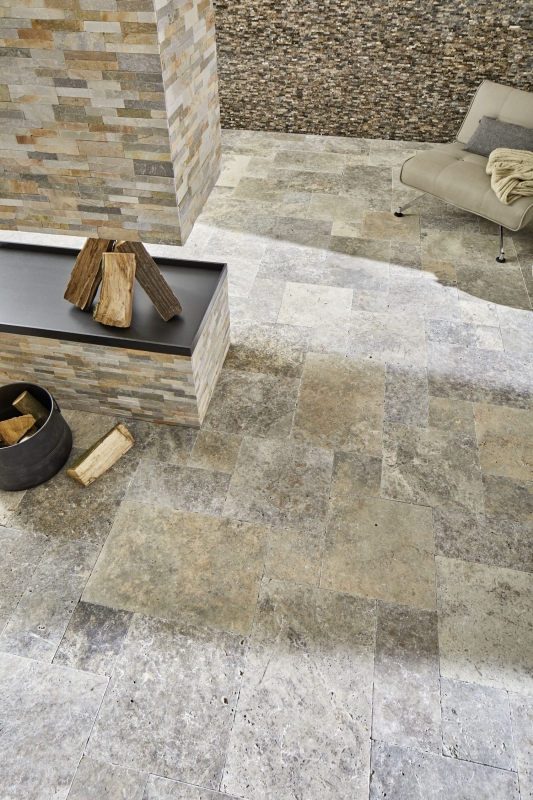 Piastrella Travertino pietra naturale Argento argento bianco grigio chiaro piastrella di pietra naturale Roman bond argento aspetto antico pavimento parete - MOSF-45-47000