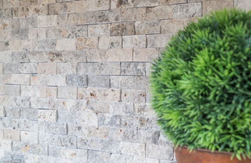 Parete in pietra di travertino Parete in pietra naturale grigio chiaro argento Brick Splitface 3D optics Backsplash di piastrelle Parete di rivestimento cucina - MOS43-47248