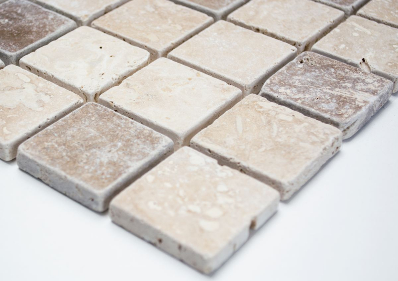 Campione a mano di mosaico per cucina Travertino pietra naturale beige marrone Chiaro + Noche Travertino MOS43-1216_m