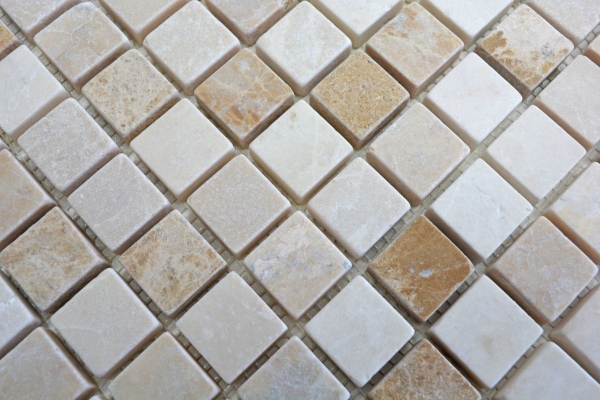 Piastrella di mosaico dipinta a mano marmo pietra naturale beige marrone Botticino Cappuccino Emperador chiaro burattato MOS43-46266_m
