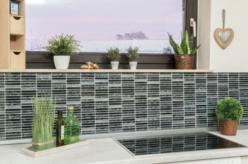 Aste per mosaico di vetro Tessere per mosaico Backsplash di piastrelle grigio glitter antracite nero MOS87-STNB
