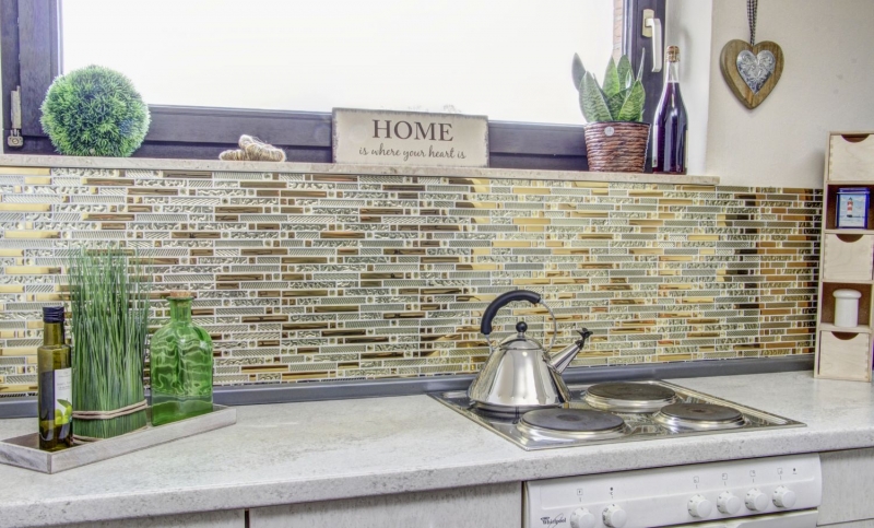Aste per mosaico di vetro Tessere per mosaico Backsplash di piastrelle Oro placcato MOS86-0107