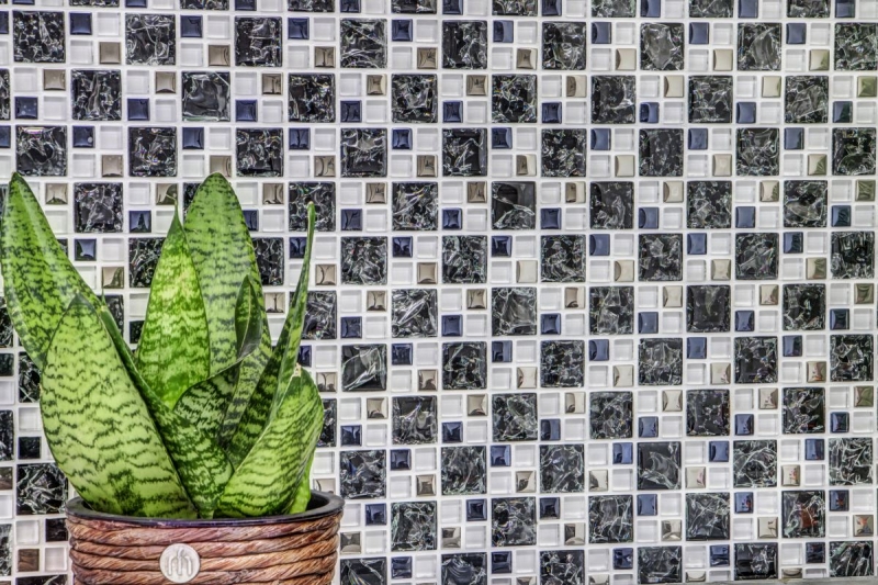 Piastrella di mosaico dipinta a mano Nero traslucido argento Mosaico di vetro combinato Cristallo EP nero chiaro argento MOS88-k1499_m