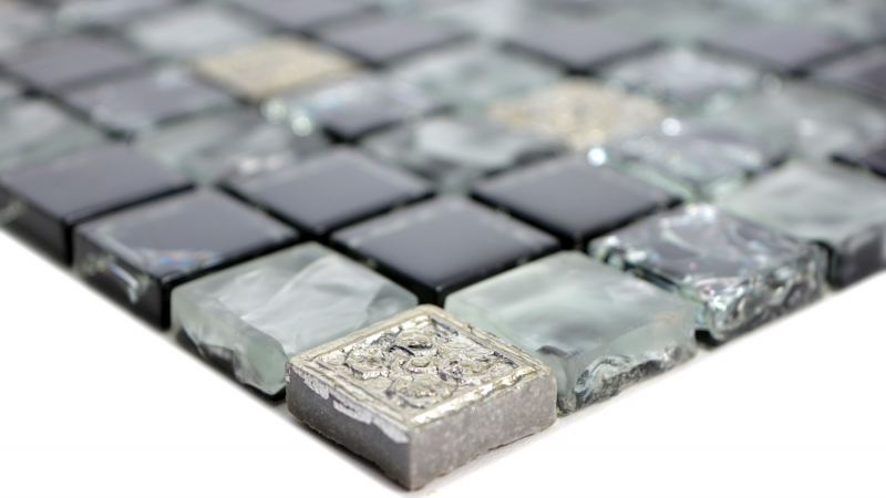 Piastrella di mosaico Traslucido grigio nero Mosaico di vetro Resina grigio nero argento smerigliato MOS92-0333_f | 10 tappetini di mosaico