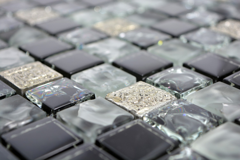 Piastrella di mosaico Traslucido grigio nero Mosaico di vetro Resina grigio nero argento smerigliato MOS92-0333_f | 10 tappetini di mosaico