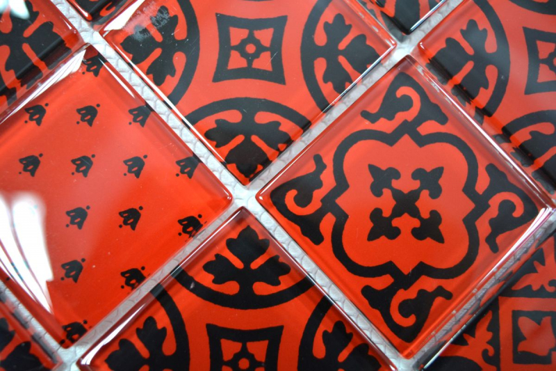 Piastrelle di mosaico vintage retrò per la cucina, mosaico di vetro rosso traslucido, aspetto cristallo rosso MOS78B-0902_f | 10 tappetini di mosaico