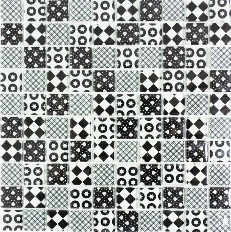 Mosaico vintage retrò dipinto a mano Mosaico di vetro bianco traslucido Cristallo ottico nero MOS88-8OP5_m
