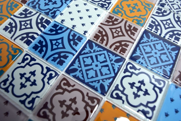 Mosaico vintage retrò dipinto a mano Mosaico di vetro traslucido bianco blu arancione grigio Crystal Optik MOS68-4OP12_m