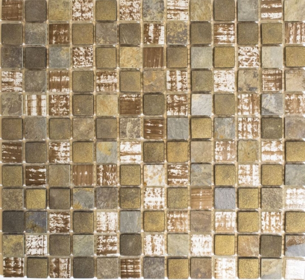 Piastrella di mosaico vintage retrò dipinta a mano, traslucida, beige, marrone, grigia, in vetro, in pietra di cristallo, rustica MOS82-1206_m