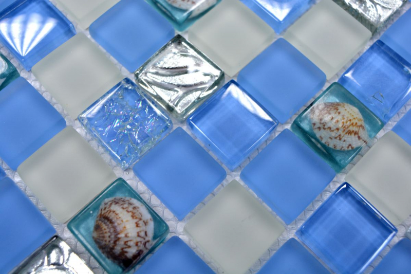 Piastrella di mosaico dipinta a mano Backsplash di piastrelle Blu traslucido Mosaico di vetro Crystal shell blue MOS82B-0104_m