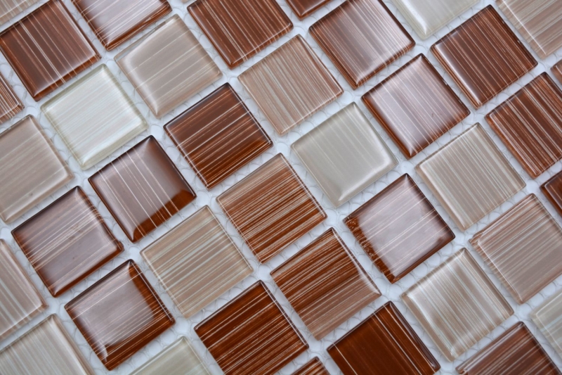 Piastrelle di vetro a mosaico linea beige marrone piastrelle specchio parete doccia MOS64-1209