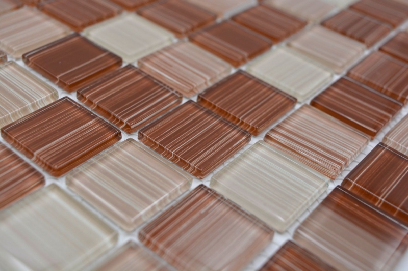 Piastrelle di vetro a mosaico linea beige marrone piastrelle specchio parete doccia MOS64-1209