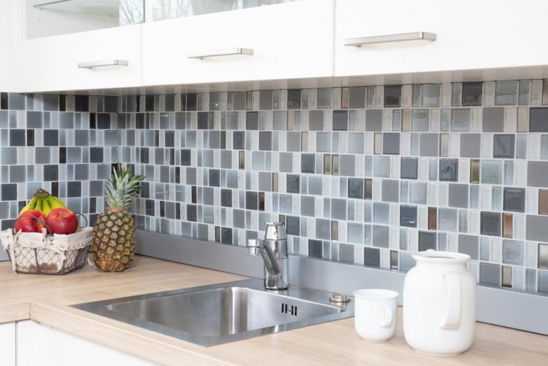 Piastrella di vetro a mosaico backsplash crema grigio fumo combinazione iridescente MOS68-0216F