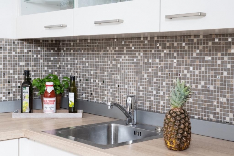 Mosaico di vetro mosaico piastrelle backsplash pietra beige giallo crema argento BAGNO WC cucina PARETE MOS91-0214