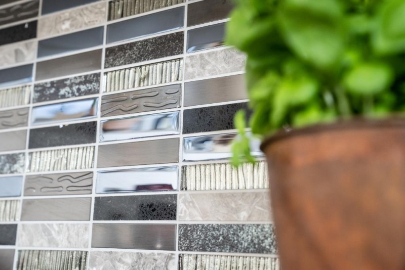 Mosaico rettangolare tessere di vetro mosaico composito acciaio inox argento grigio blu nero rivestimento cucina - MOS87-58X