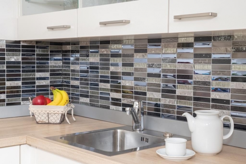 Mosaico rettangolare tessere di vetro mosaico composito acciaio inox argento grigio blu nero rivestimento cucina - MOS87-58X
