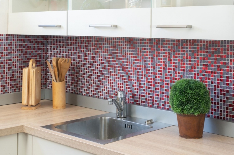 Piastrella di vetro a mosaico rosso rosa resina opaca smerigliata backsplash cucina - MOS92-0911
