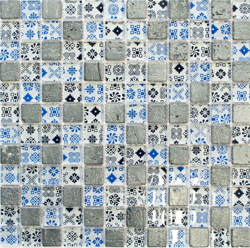 Piastrella di mosaico dipinta a mano Backsplash di piastrelle Mosaico di vetro traslucido blu nero Resina di cristallo Blu ottico nero argento MOS83-CB07_m