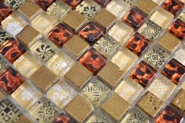 Piastrella di mosaico dipinta a mano Beige traslucido Mosaico di vetro Cristallo effetto resina beige rosso MOS92-1212_m