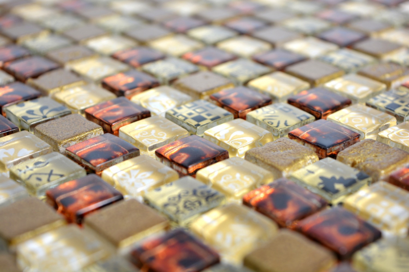 Piastrella di mosaico dipinta a mano Beige traslucido Mosaico di vetro Cristallo effetto resina beige rosso MOS92-1212_m