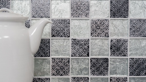 Piastrella di mosaico dipinta a mano Backsplash di piastrelle Argento traslucido Mosaico di vetro Resina di cristallo Argento ottico MOS88-8OP6_m