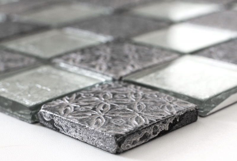 Piastrella di mosaico dipinta a mano Backsplash di piastrelle Argento traslucido Mosaico di vetro Resina di cristallo Argento ottico MOS88-8OP6_m