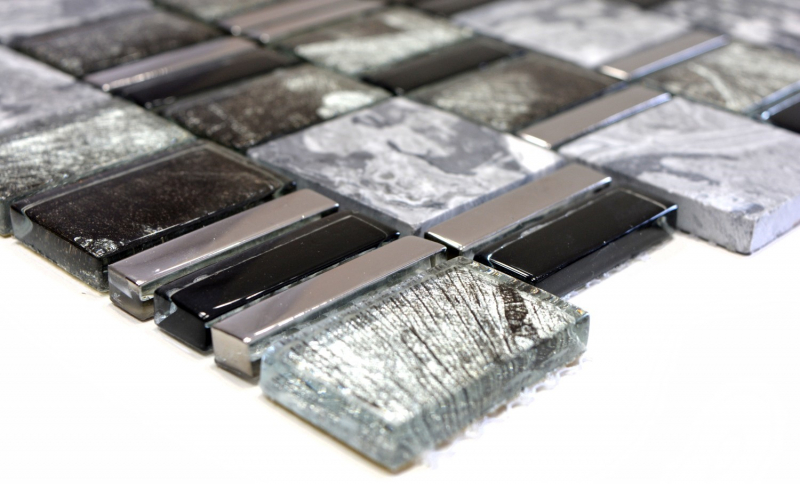 Piastrella di mosaico dipinta a mano Grigio traslucido nero Mosaico di vetro multiformato Pietra di cristallo EP grigio nero MOS88-0210_m