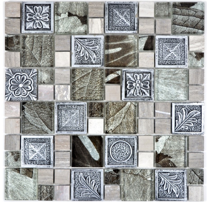 Piastrella di mosaico dipinta a mano Argento traslucido Combinazione di mosaico di vetro Cristallo Resina argento Ornamento MOS88-0280_m