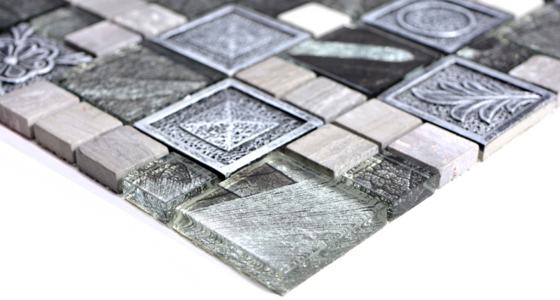 Piastrella di mosaico dipinta a mano Argento traslucido Combinazione di mosaico di vetro Cristallo Resina argento Ornamento MOS88-0280_m