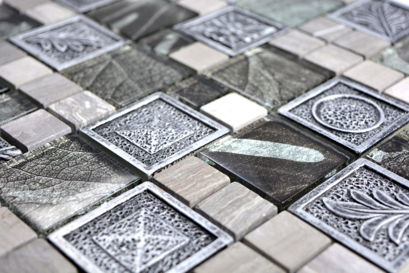 Piastrella di mosaico dipinta a mano Argento traslucido Combinazione di mosaico di vetro Cristallo Resina argento Ornamento MOS88-0280_m