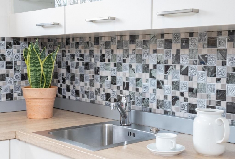 Mosaico di vetro pietra artificiale mosaico piastrelle resina grigio argento antracite ornamentale piastrelle backsplash parete WC - MOS88-0280