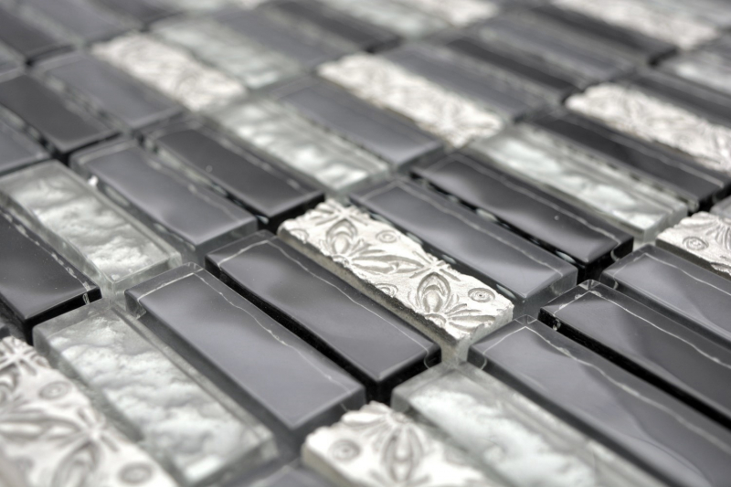 Piastrelle rettangolari di mosaico in vetro aste di mosaico in resina pietra artificiale grigio nero argento cucina alzatina bagno parete WC - MOS87-03108