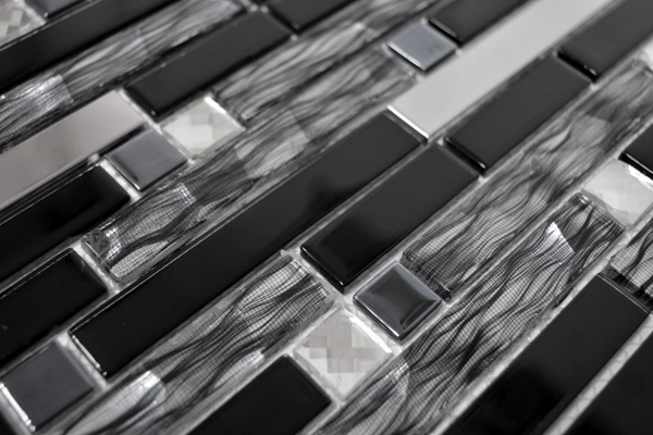Mosaico di vetro aste acciaio inox argento nero piastrelle backsplash cucina parete MOS67-GV478