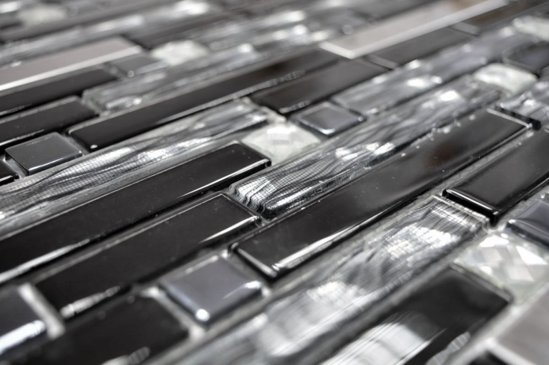 Mosaico di vetro aste acciaio inox argento nero piastrelle backsplash cucina parete MOS67-GV478