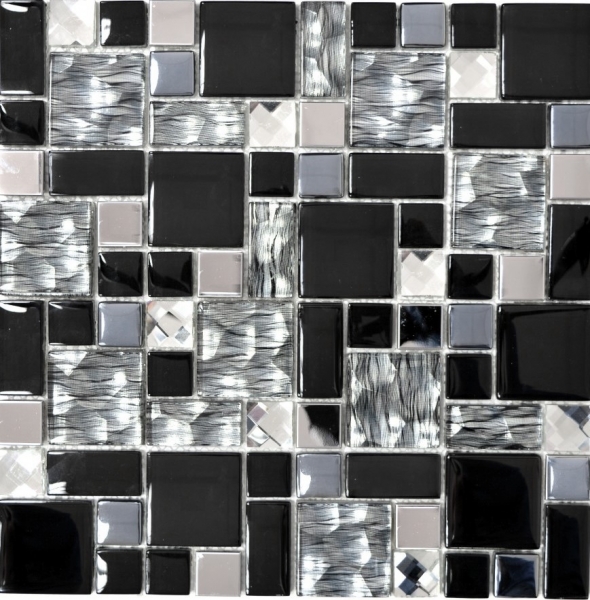 Piastrella di mosaico traslucida in acciaio inox nero combinazione di vetro MOS88-03689_f