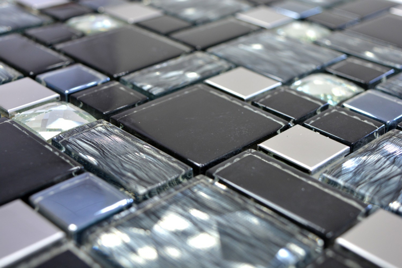Piastrella di mosaico traslucida in acciaio inox nero combinazione di vetro MOS88-03689_f