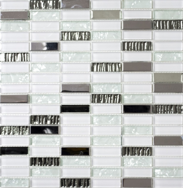 Piastrella di mosaico dipinta a mano Aste traslucide in acciaio inox bianco Mosaico di vetro Acciaio cristallo bianco MOS87-0102_m